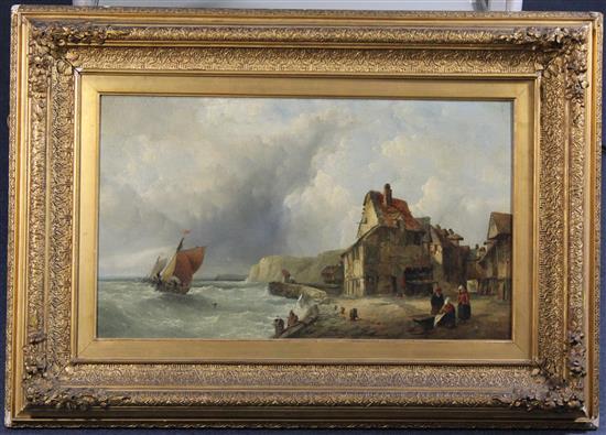 John James Wilson (1818-1875) Fishing village with fishing boats leaving port, 12.5 x 21.5in.